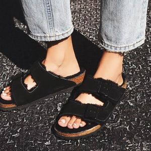 Birkenstock Arizona black suede shearling lined womens size 39 (8-8.5)